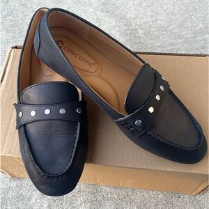 Black leather moccasin style loafer
